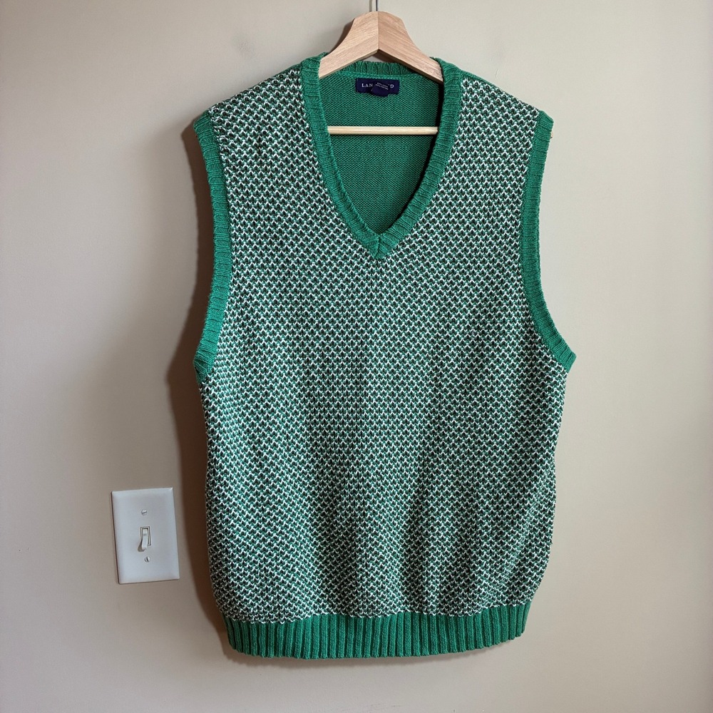 Lands End Birdseye Knit Sweater Vest L Green Mens Linen Cotton Blend